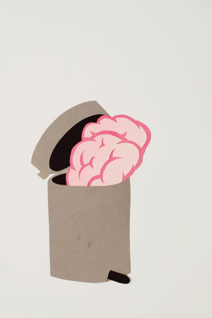 pexels-photo-9162024-9162024 Illustrative art of a brain cutout placed in a trash can, symbolizing discarded thoughts.